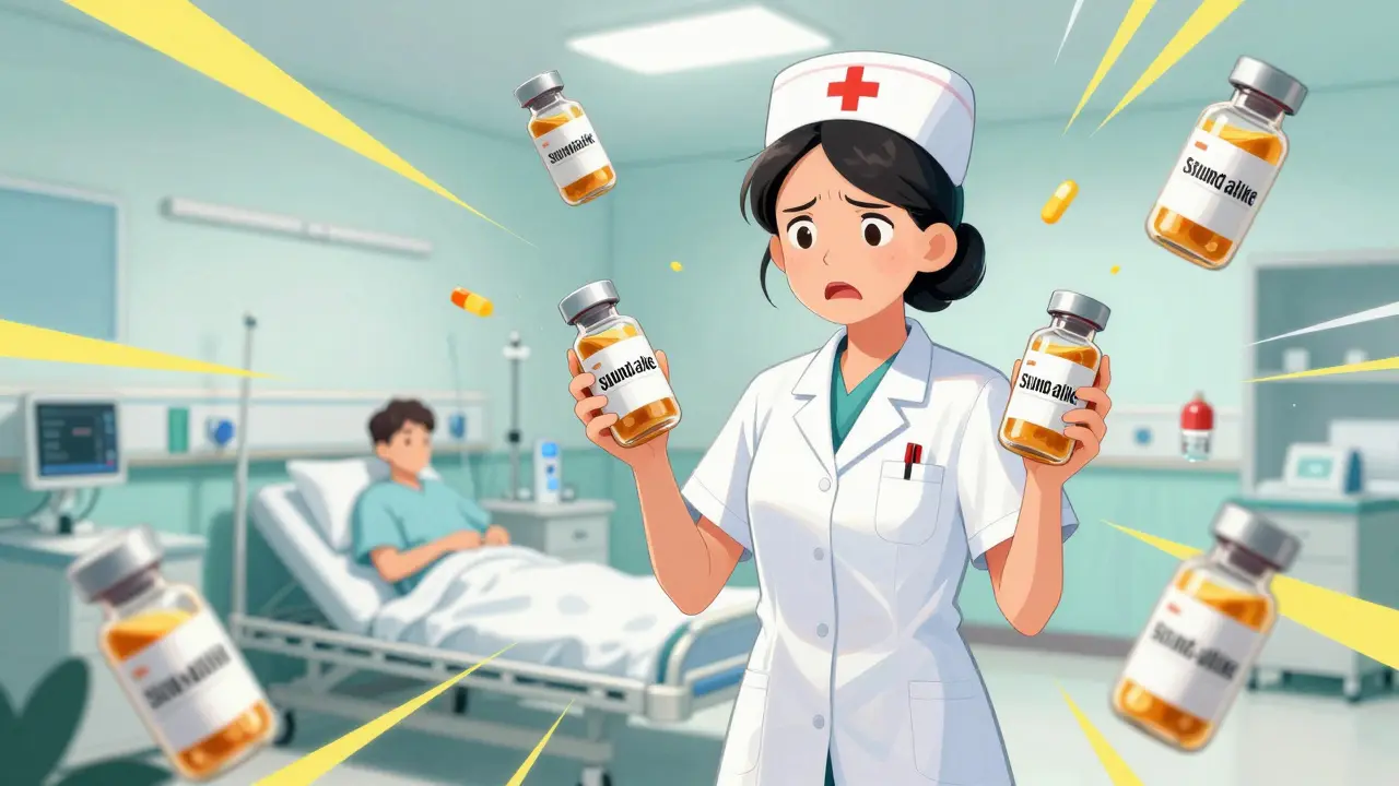 Healthcare worker confused by two identical-looking medicine vials in a busy hospital setting.