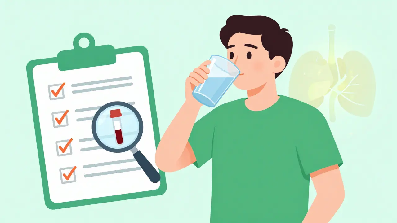 Illustration of a person drinking water next to a medical checklist and blood test vial