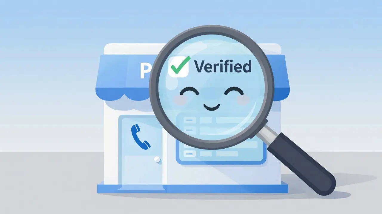 Magnifying glass verifying the legitimacy of an online pharmacy