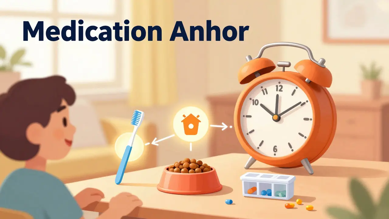 Person using daily anchors like brushing teeth to remember to take medication on time.