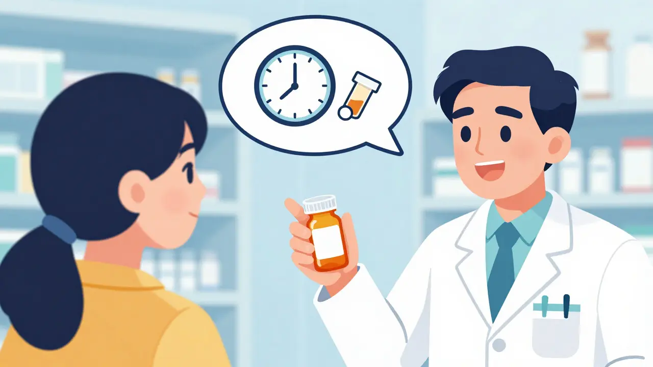 Pharmacist and patient practicing the teach-back method to verify medication dosage.