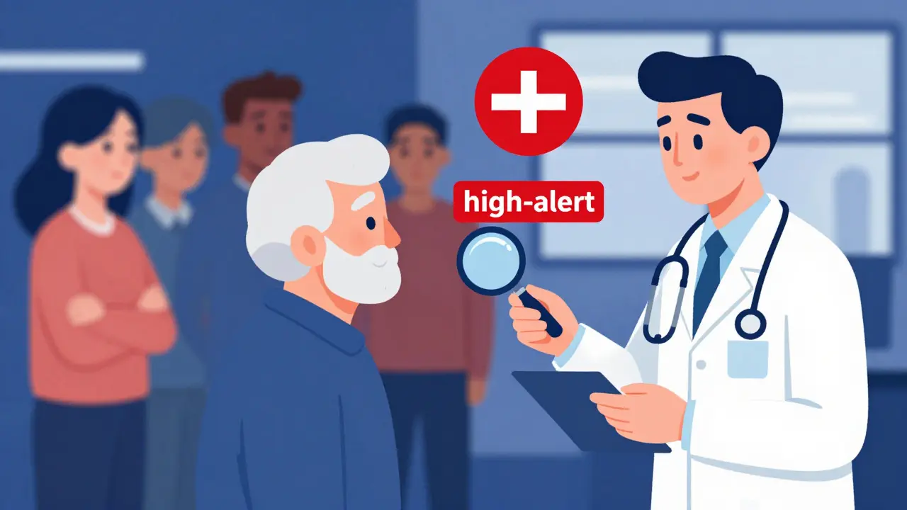 Pharmacist providing detailed counseling to an elderly patient in a busy pharmacy setting.